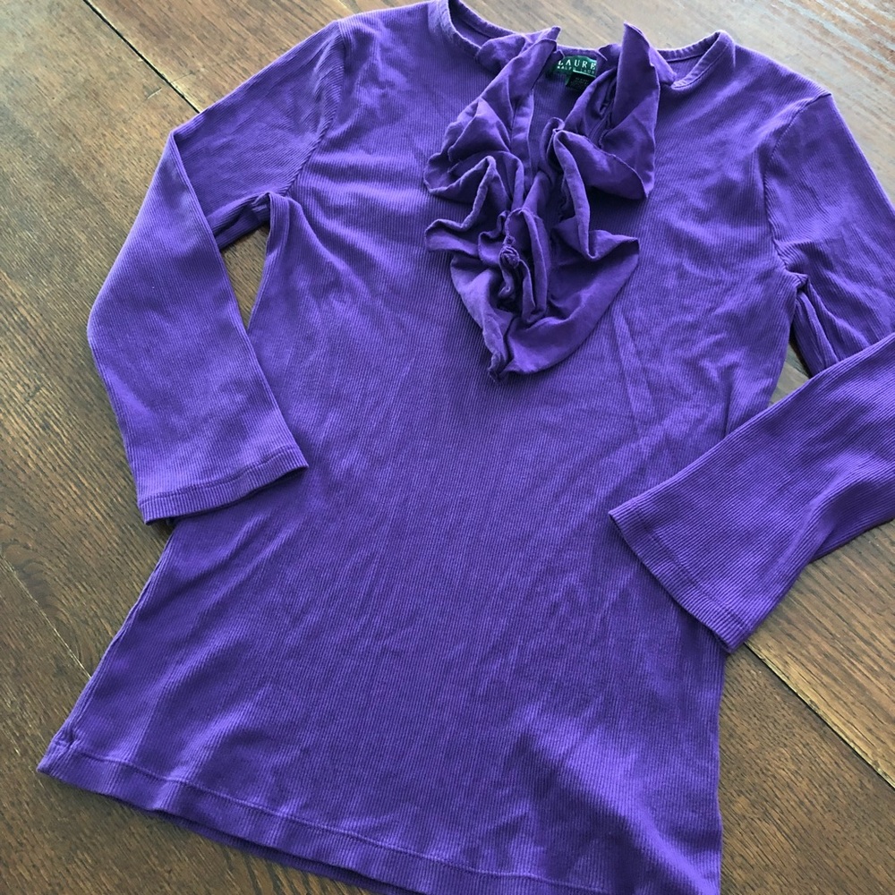 LRL Pullover Shirt Ruffled Ribbed 3/4 Sleeves